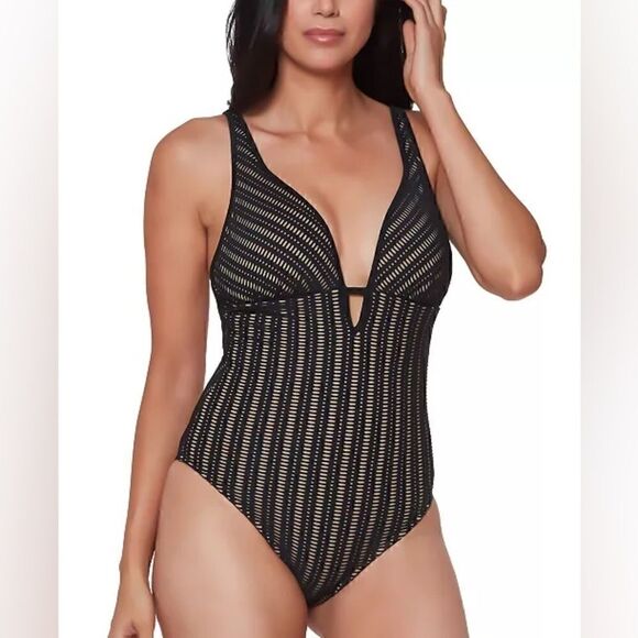 BAR III Plunging Crochet One-Piece Swimsuit Black Nude Lined Pull On New M - Picture 4 of 11